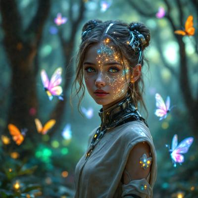 The primary subject of the image is a woman with a unique and artistic appearance. She is wearing a dress and has a headpiece that features a light-up design. The setting is a forest, with trees and butterflies surrounding her. The visual style of the image is a combination of photo and digital art, creating a surreal and dreamy atmosphere. The colors in the image are predominantly shades of green, blue, and purple, which contribute to the overall mood of the scene.